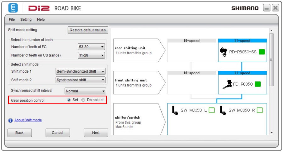 Gear position control setting